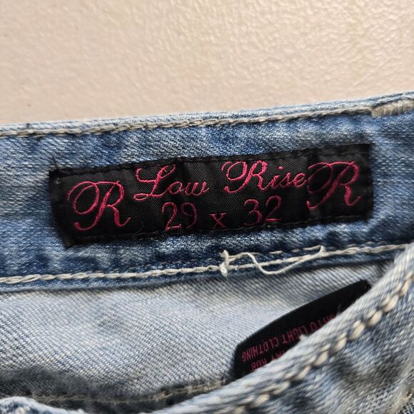 Rock and Roll Cowgirl Jeans Women's 29 x 32 ** Blue Low Rise Boot Cut Distressed - Picture 4 of 16